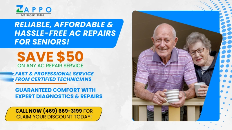 An advertisement for Zappo AC Repair Deals features an older man and woman smiling on a porch. Text highlights $50 savings with exclusive coupons on AC repair services, emphasizing reliability and affordability for seniors. Includes contact info for claiming discounts.