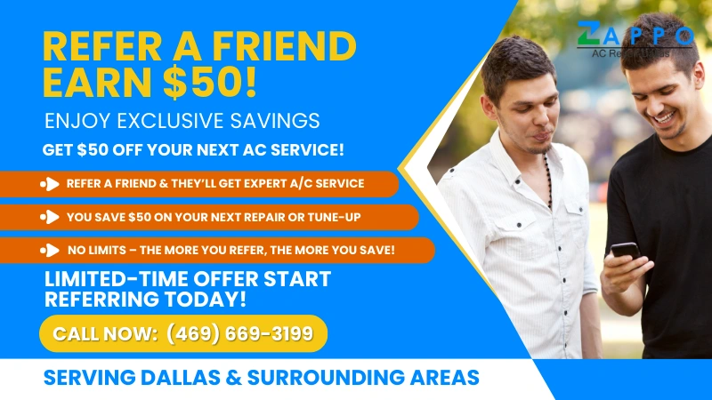 Advertisement for Zappo AC Repair featuring a referral program. It offers a $50 reward for referring a friend for AC service. Includes a phone number and serves Dallas and surrounding areas. Features two smiling people looking at a phone.