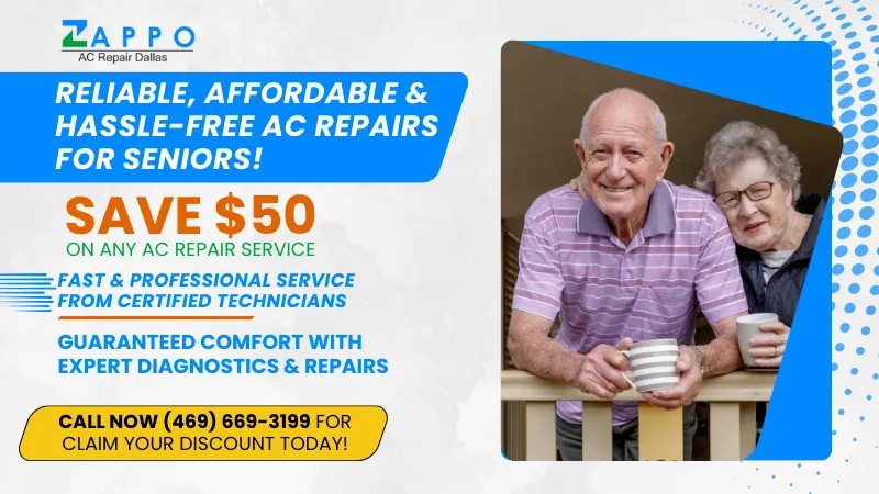 An advertisement for Zappo AC Repair Deals features an older man and woman smiling on a porch. Text highlights $50 savings with exclusive coupons on AC repair services, emphasizing reliability and affordability for seniors. Includes contact info for claiming discounts.