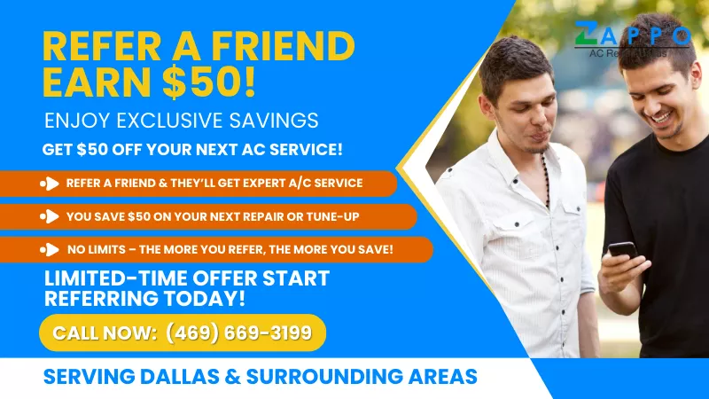 Advertisement for Zappo AC Repair featuring a referral program. It offers a $50 reward for referring a friend for AC service. Includes a phone number and serves Dallas and surrounding areas. Features two smiling people looking at a phone.