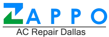 Logo with the word "Zappo" in bold blue letters, featuring a green triangle as the letter "Z's" horizontal line. Below, in smaller black text, it reads "zero all pollution power options." Perfect for Dallas summers when you need an eco-friendly air conditioner. The background is white.